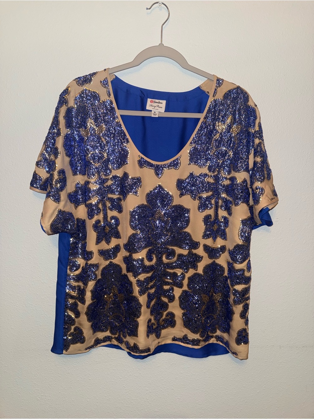 Tracy Reese Blue Sequin Embellished Beige Blouse